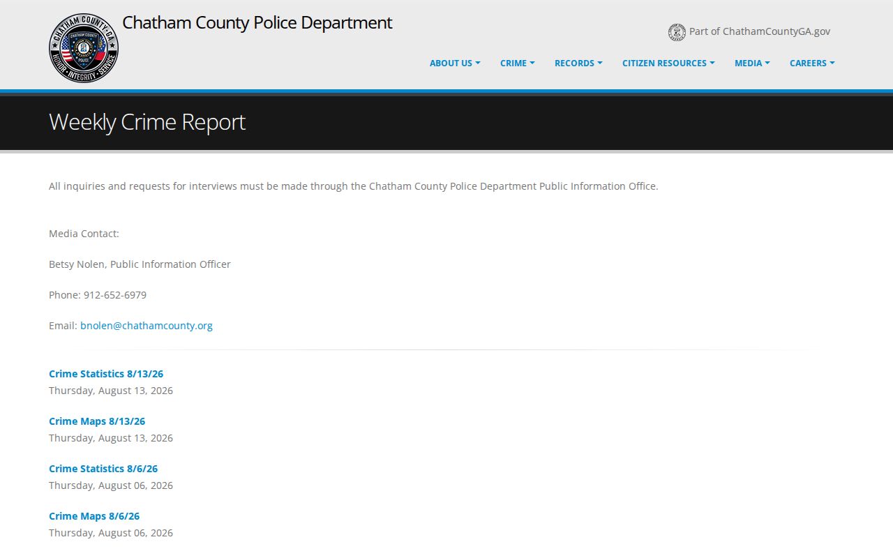 Chatham County Police official weekly crime report interface